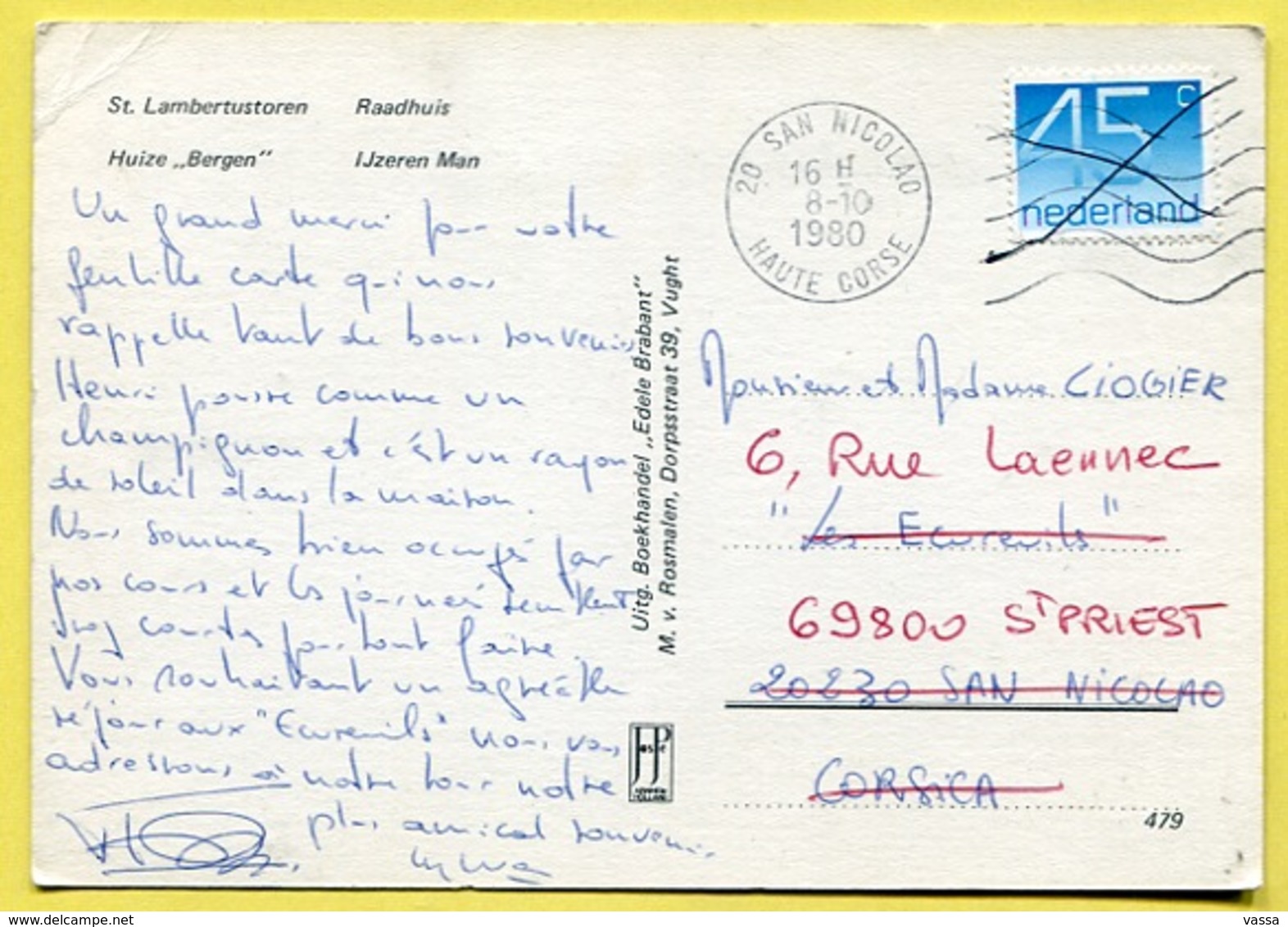 Netherlands, Groeten Uit Vught. Arrival Postmark SAN NICOLAO CORSE 1980 .Nederland - Vught