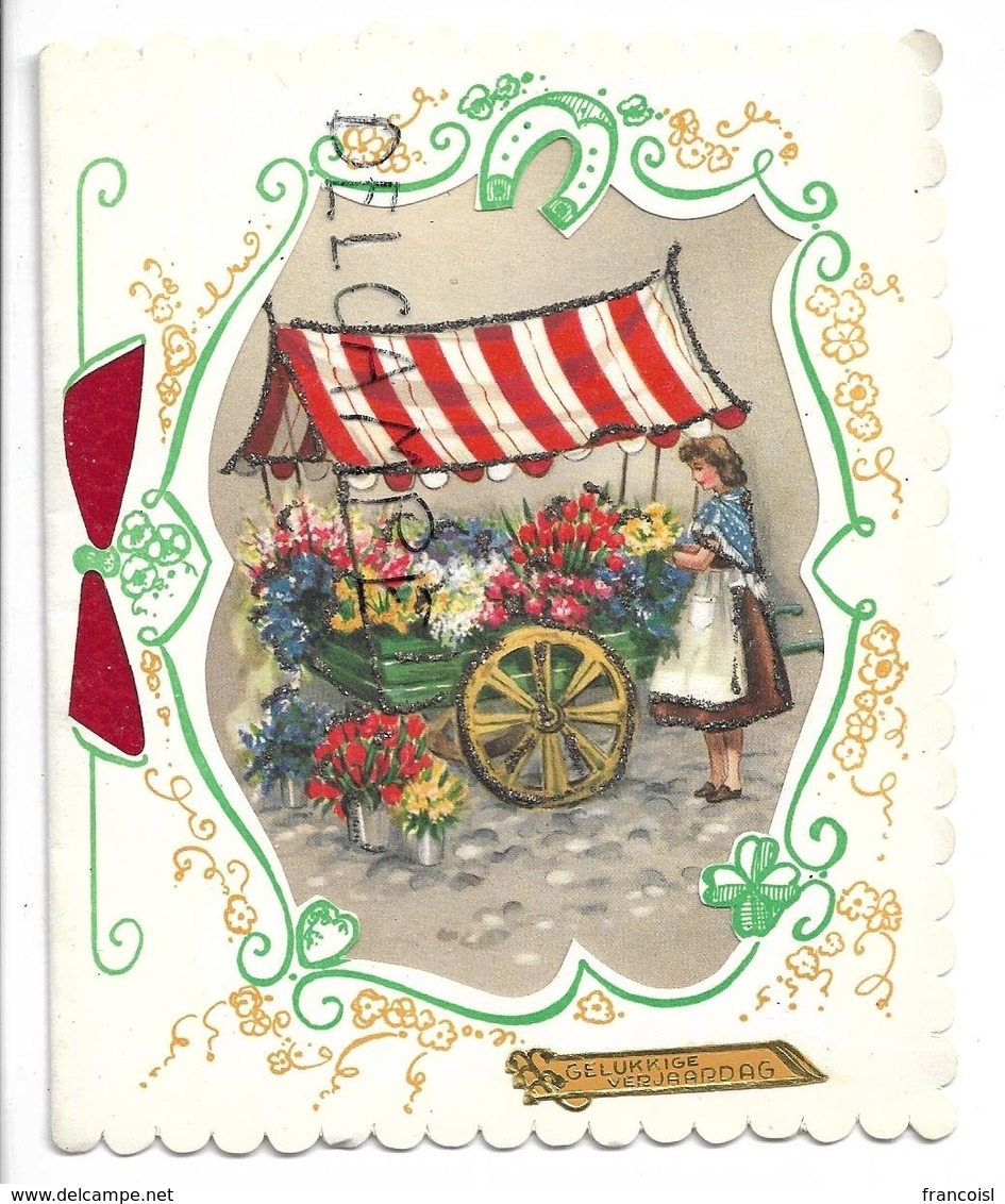 Collage D'une Carte Postale Dans Une Carte à Fenêtre. Une Marchande De Fleurs. Paillettes. - Nouvel An