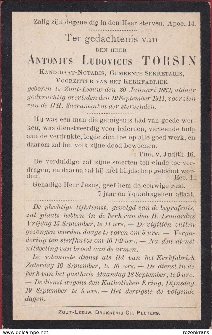 Antonius Torsin Kandidaat Notaris Zoutleeuw Litho Silverprint Zilverdruk 1911 Doodsprentje Bidprentje Image Mortuaire - Santini