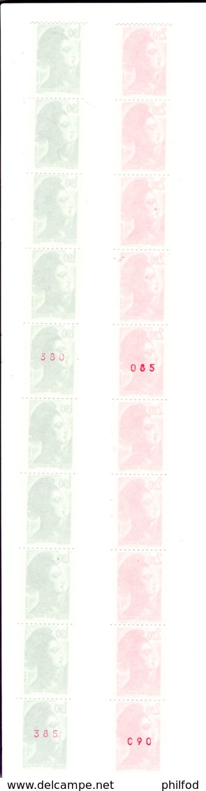 1985/6 - LOT De 2 BANDES DE 10 ROULETTES LIBERTÉ - Rouge 2.20 F Et Vert 1.90 F - Y&T 2426 Et 2379 ( Inclus Numérotés) - Roulettes