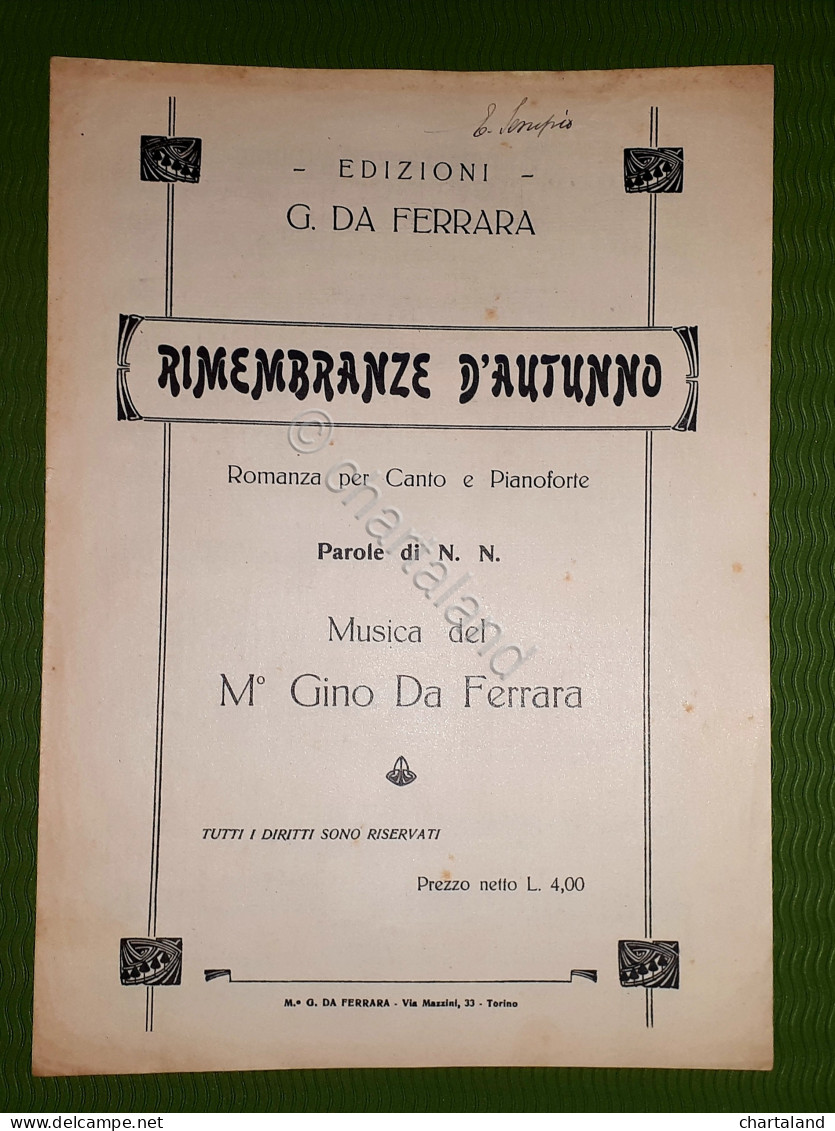 Spartito - Rimembranze D'autunno - Musica Del M. Gino Da Ferrara - 1920 Ca. - Non Classificati