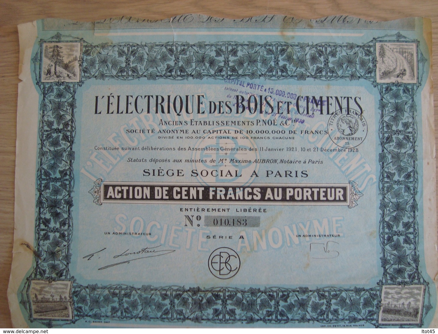 ACTION 100 FRANCS L'ELECTRIQUE DES BOIS ET CIMENTS 1928 - Transportmiddelen