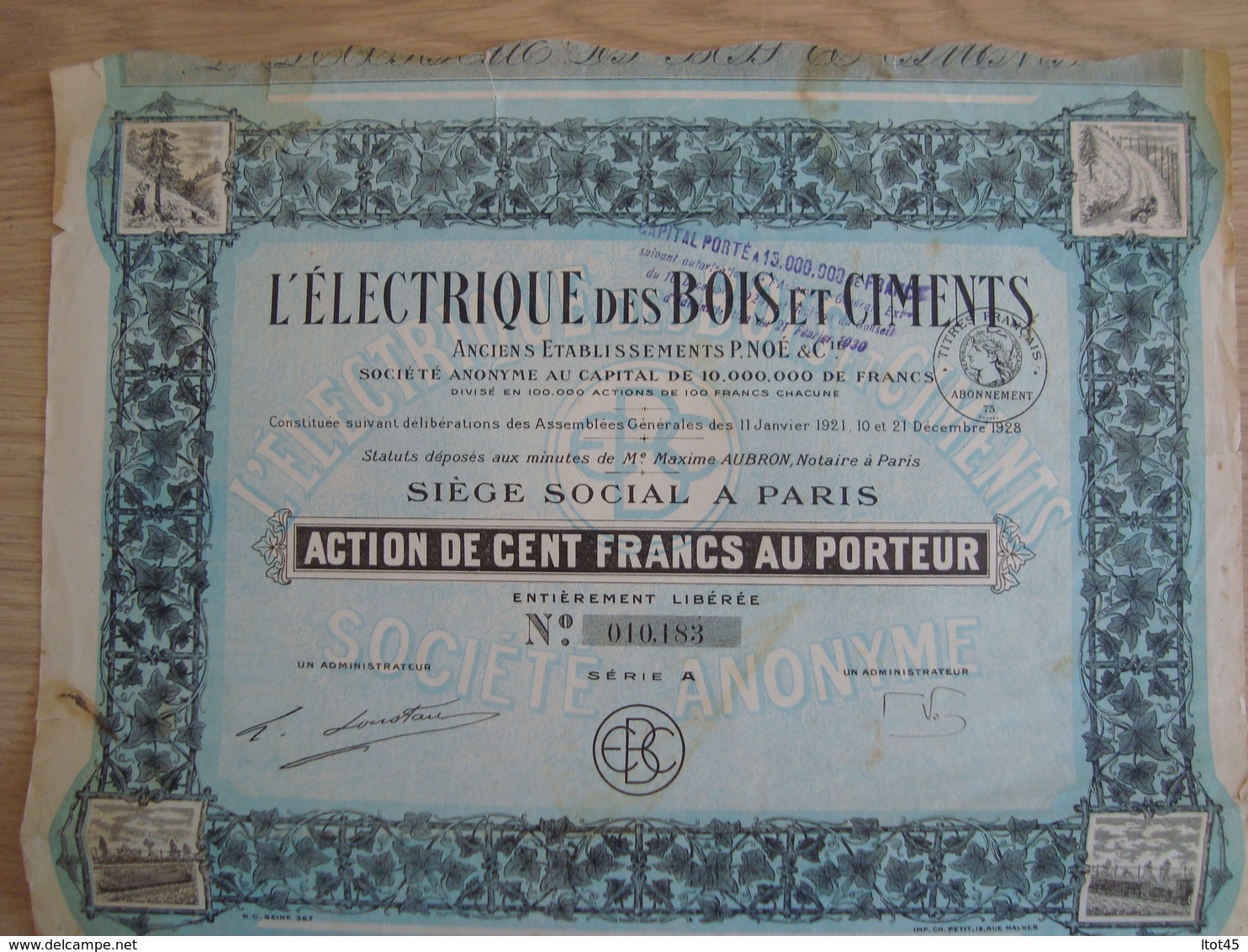 ACTION 100 FRANCS L'ELECTRIQUE DES BOIS ET CIMENTS 1928 - Transporte