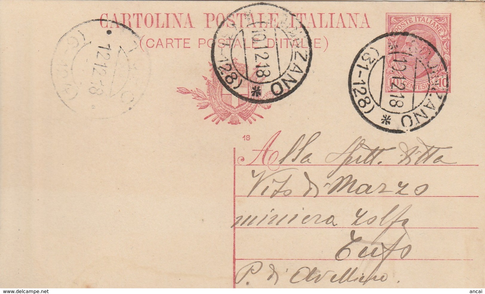 Squinzano. 1918. Annullo Frazionario (31 - 128), Su Cartolina Postale - Storia Postale