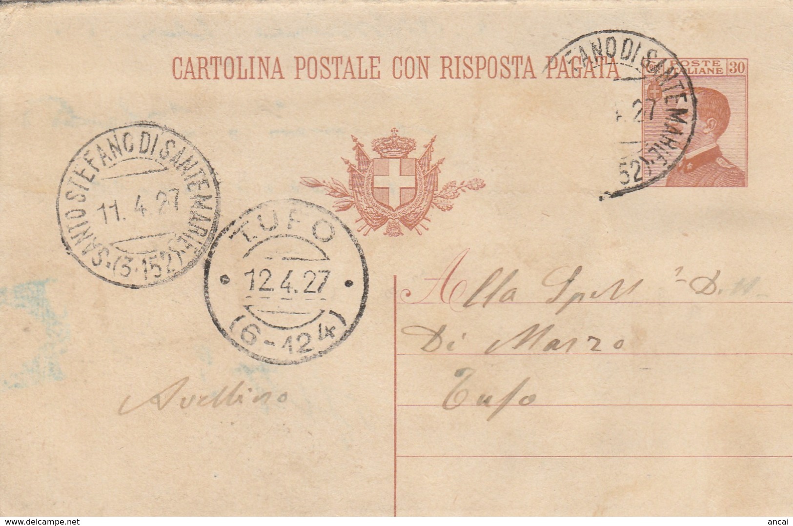 Santo Stefano Di Sante Marie.1927. Annullo Frazionario ( 3 - 152), Su Cartolina Postale. Manca L'affracatura Integrativa - Storia Postale