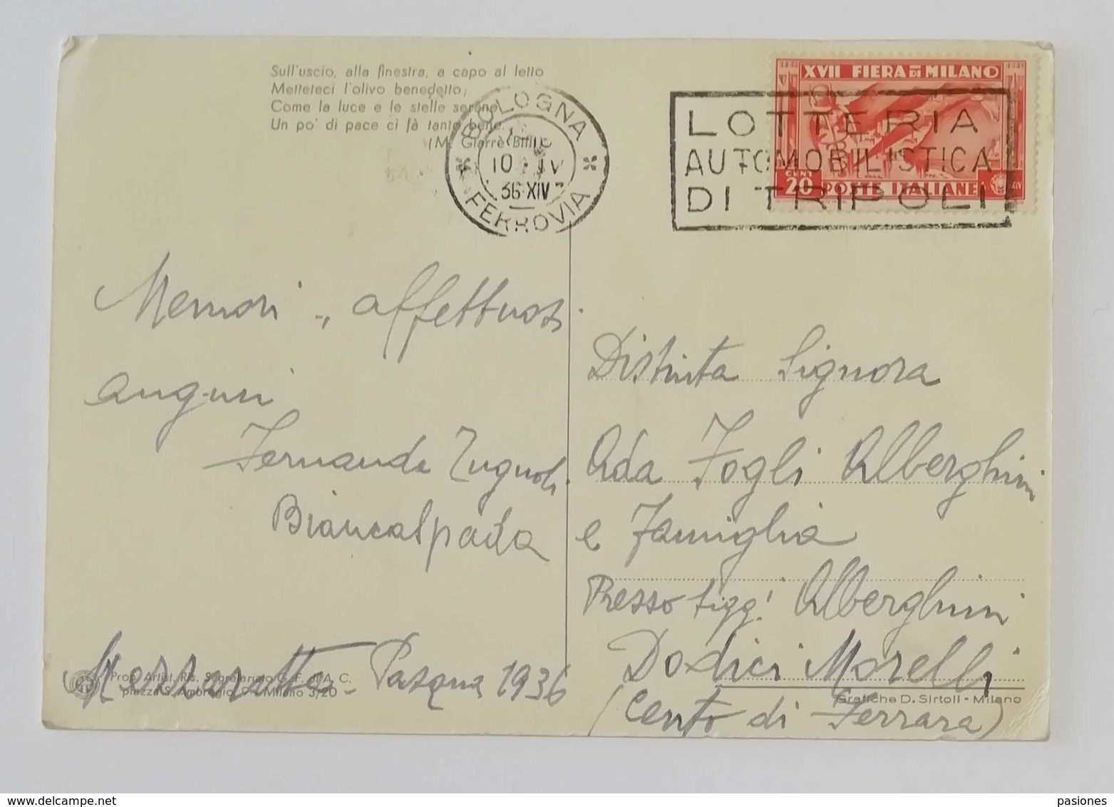 Cartolina Illustrata Augurale Da Bologna Per Dodici Morelli (Cento Di Ferrara) - 10/04/1936 - Storia Postale
