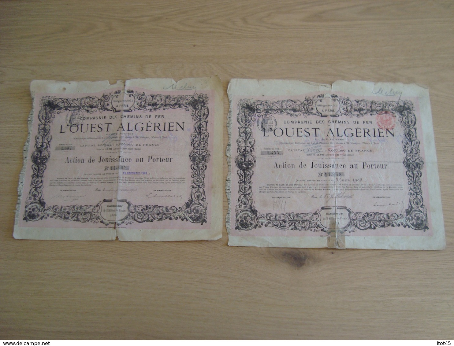 LOT DE 2 ACTIONS JOUISSANCE AU PORTEUR CHEMIN DE FER L'OUEST ALGERIEN 1881 - Chemin De Fer & Tramway