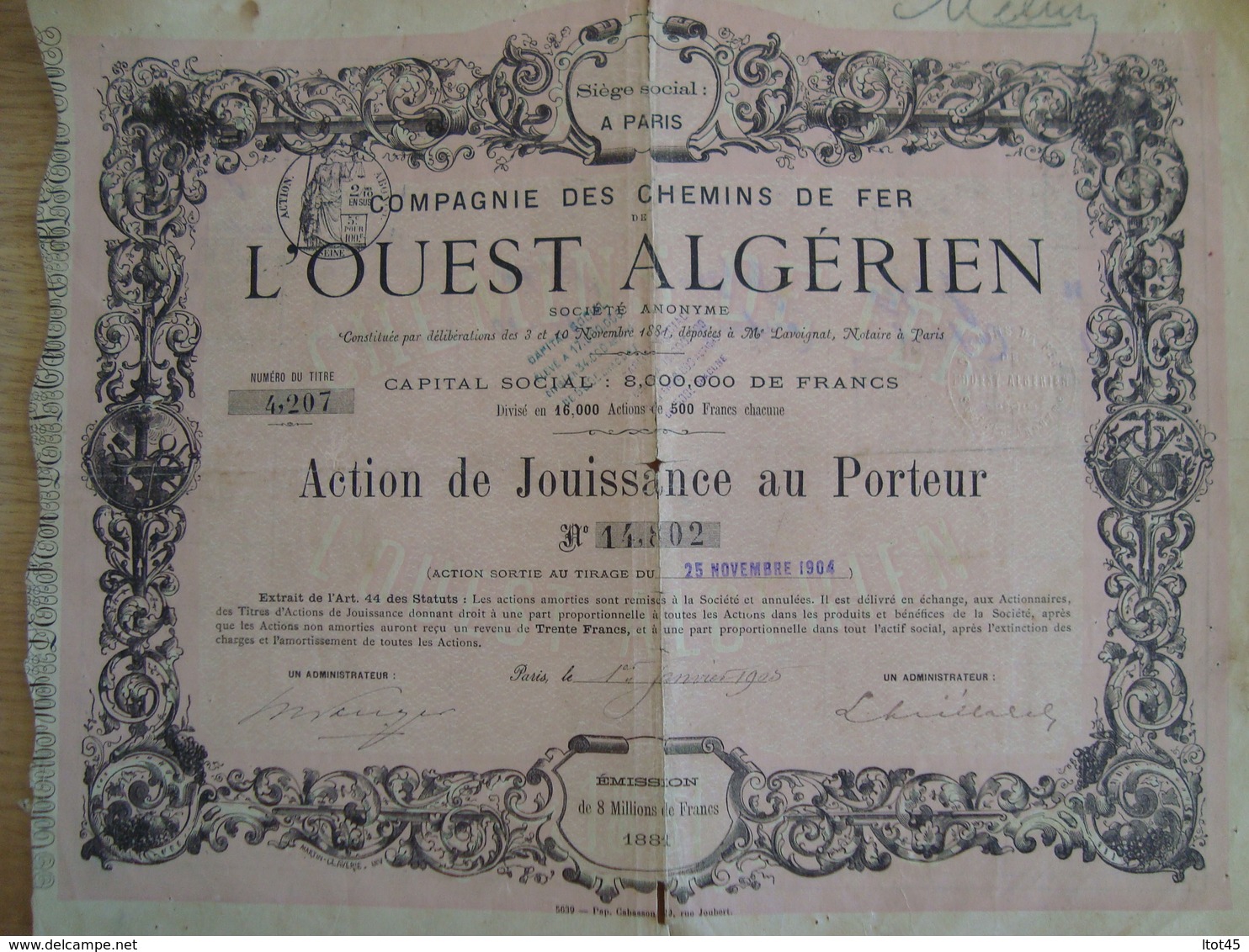 LOT DE 2 ACTIONS JOUISSANCE AU PORTEUR CHEMIN DE FER L'OUEST ALGERIEN 1881 - Chemin De Fer & Tramway