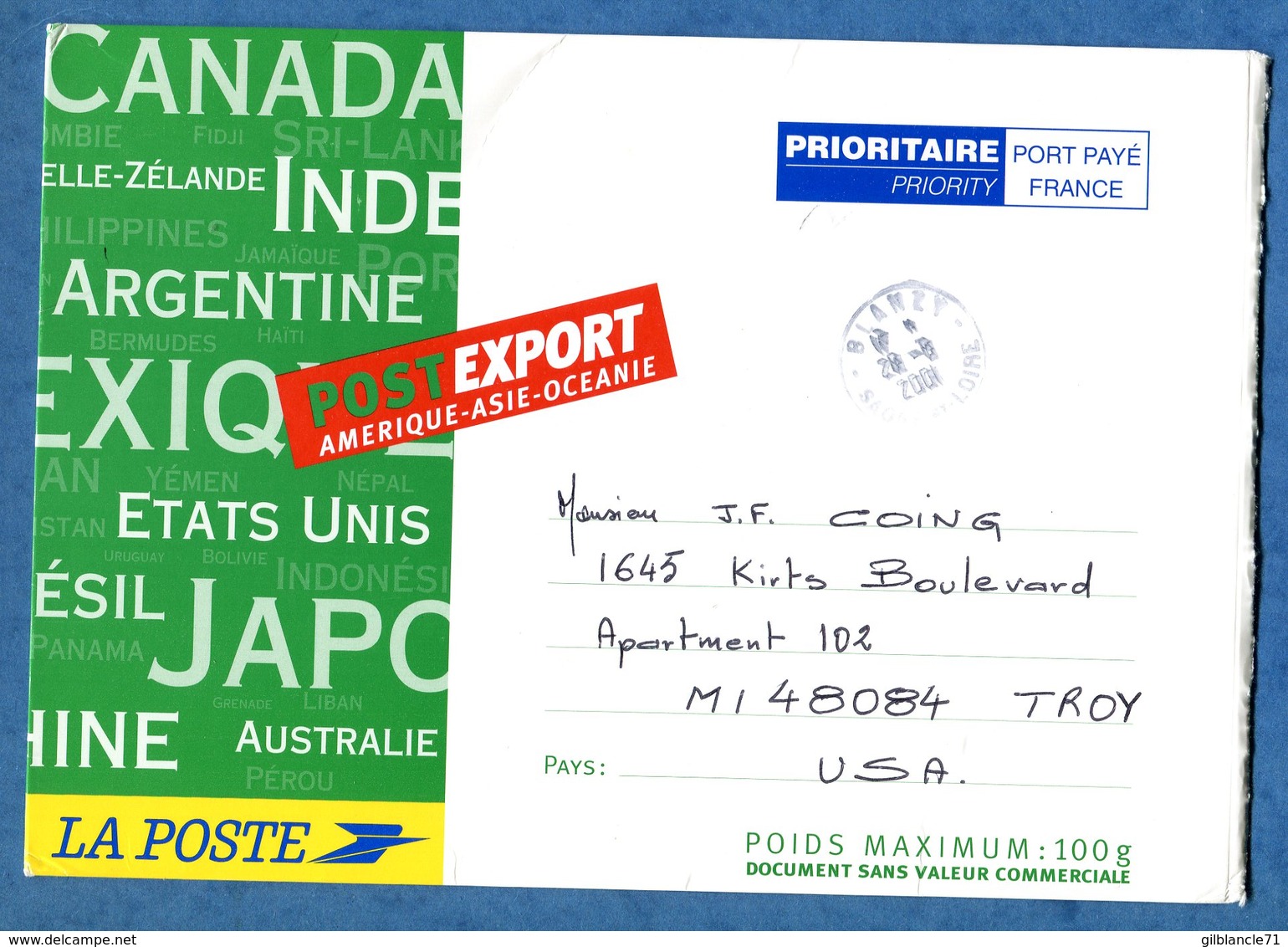 Enveloppe Carton POSTEXPORT 100 Grammes Amérique Asie Océanie Destination TROY USA - Documents Of Postal Services
