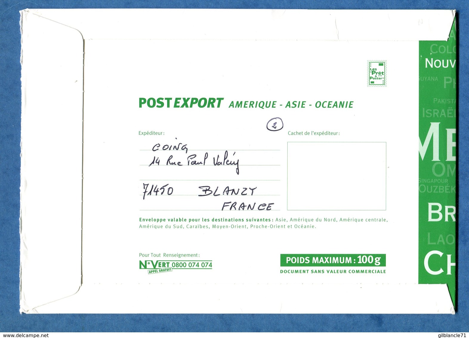 Enveloppe Carton POSTEXPORT 100 Grammes Amérique Asie Océanie Destination TROY USA - Documents De La Poste