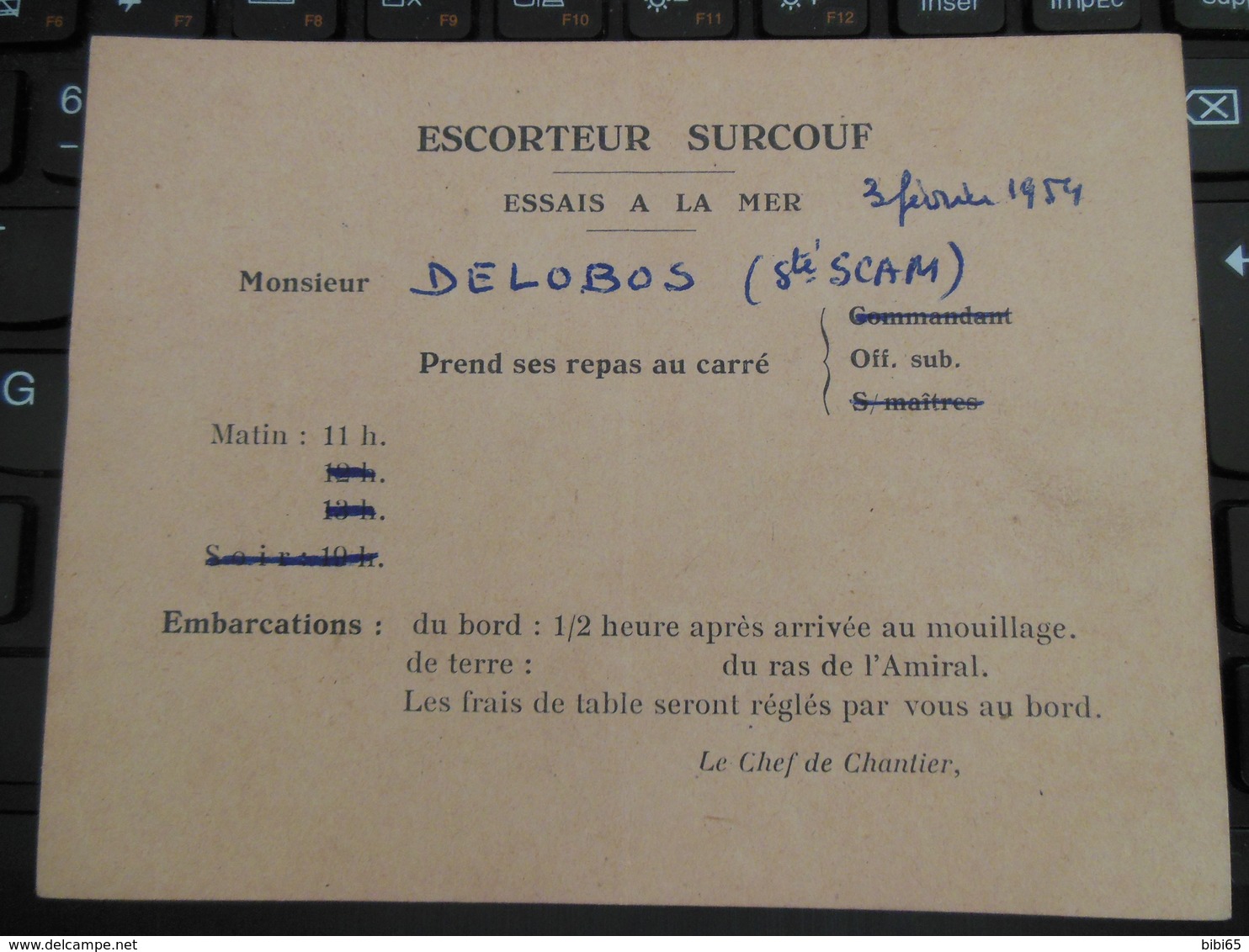 ESCORTEUR SURCOUF ESSAIS A LA MER 3 FEV 1954 PRISE DE REPAS AU CARRE DES OFFICIERS - Manoeuvres