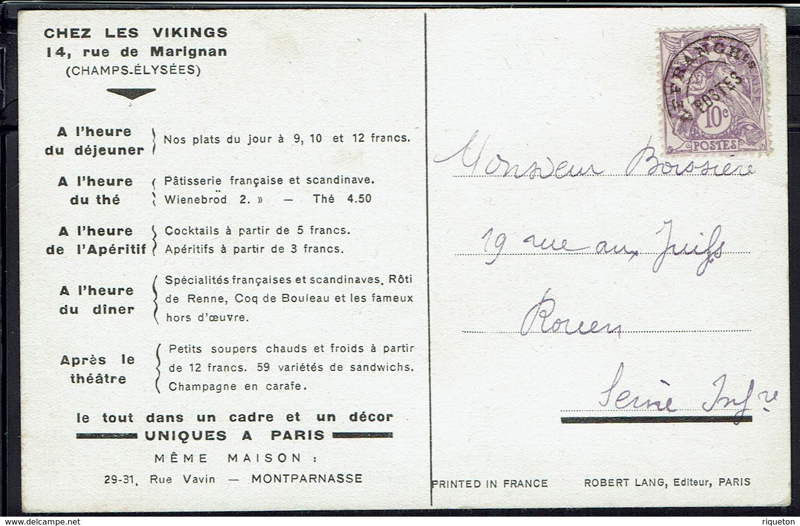 Fr - 1922-45 "Chez Les Vikings 14 Rue De Marignan à Paris" Préoblitéré 10 C Sur Carte Menu, Correspondance Pour Rouen - - Lettres & Documents