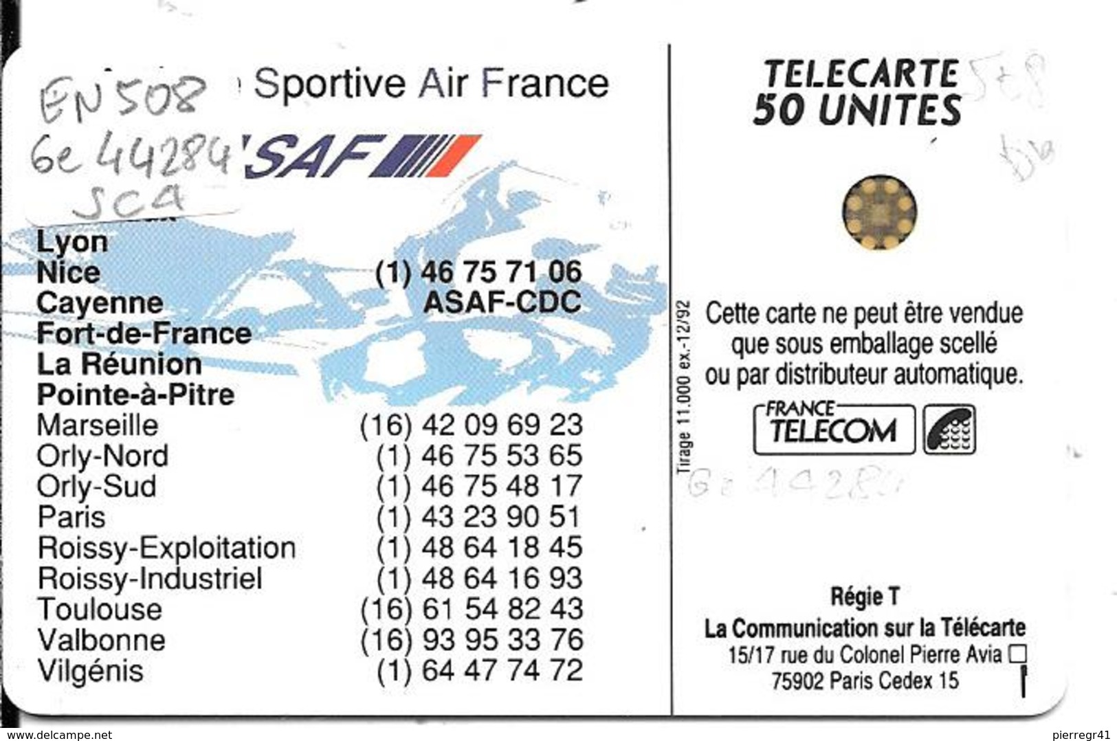 CARTE-PUCE-PRIVEE-PUBLIC- 50U-EN508-SC4-12/92--V°Ge 44284-Amicale Sportive D AIR FRANCE-Utilisé-TBE-LUXE - 50 Units