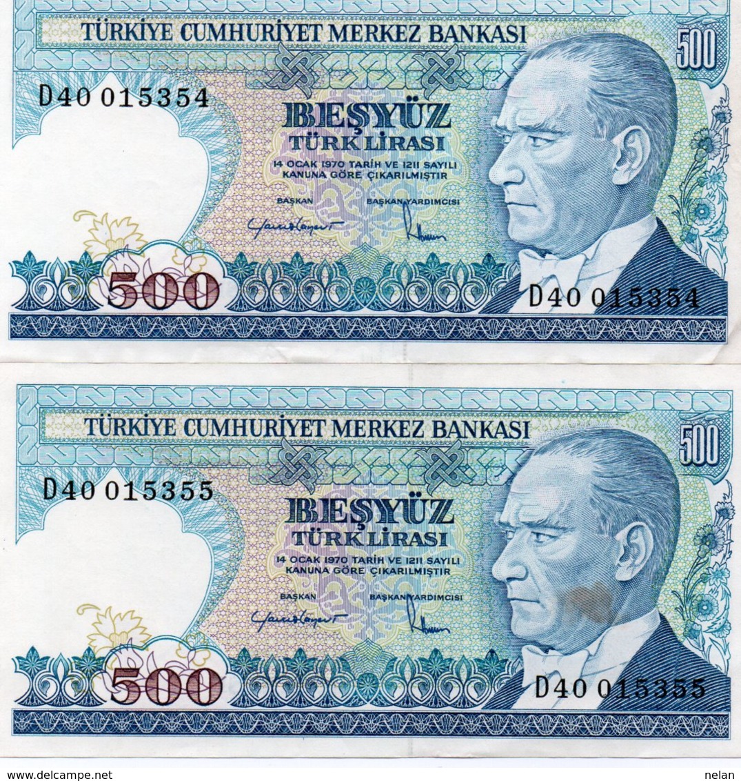 TURKEY 500 LIRA 1984 P-195a.2  AUNC-UNC D40 015354-5 CONSECUTIVE - Turkey