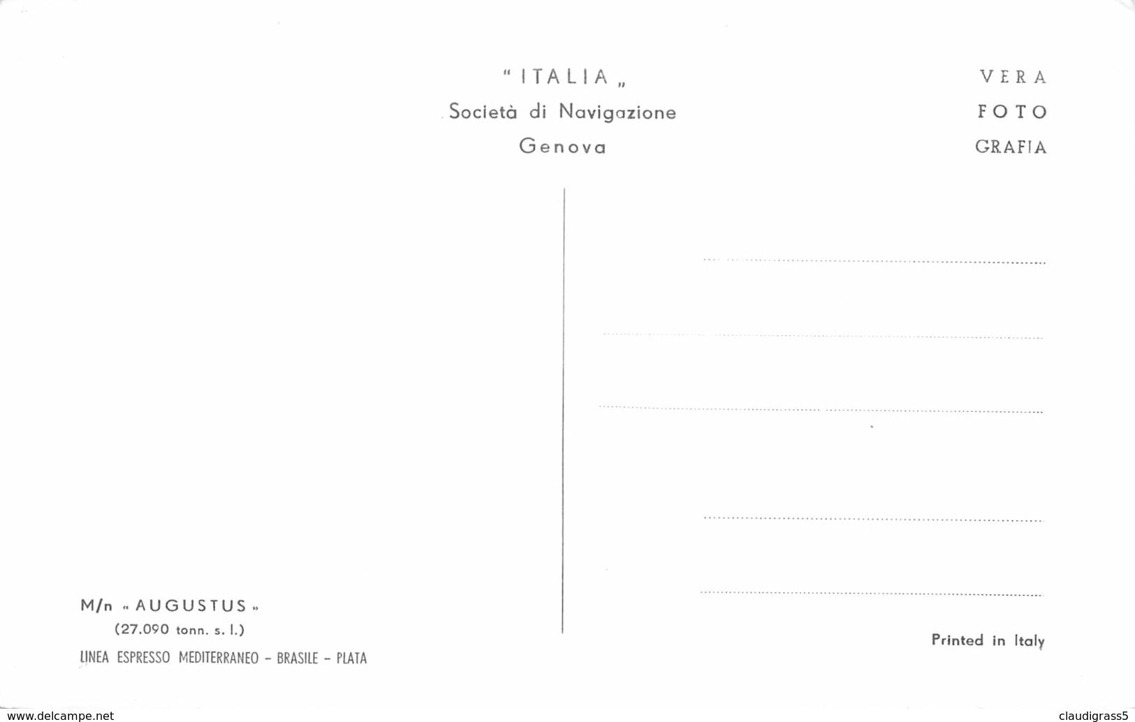 1173 "MOTONAVE -AUGUSTUS  (27.090, TONN) SOC. DI NAVIGAZIONE ITALIA "CART. ORIG. NON SPED. - Guerra