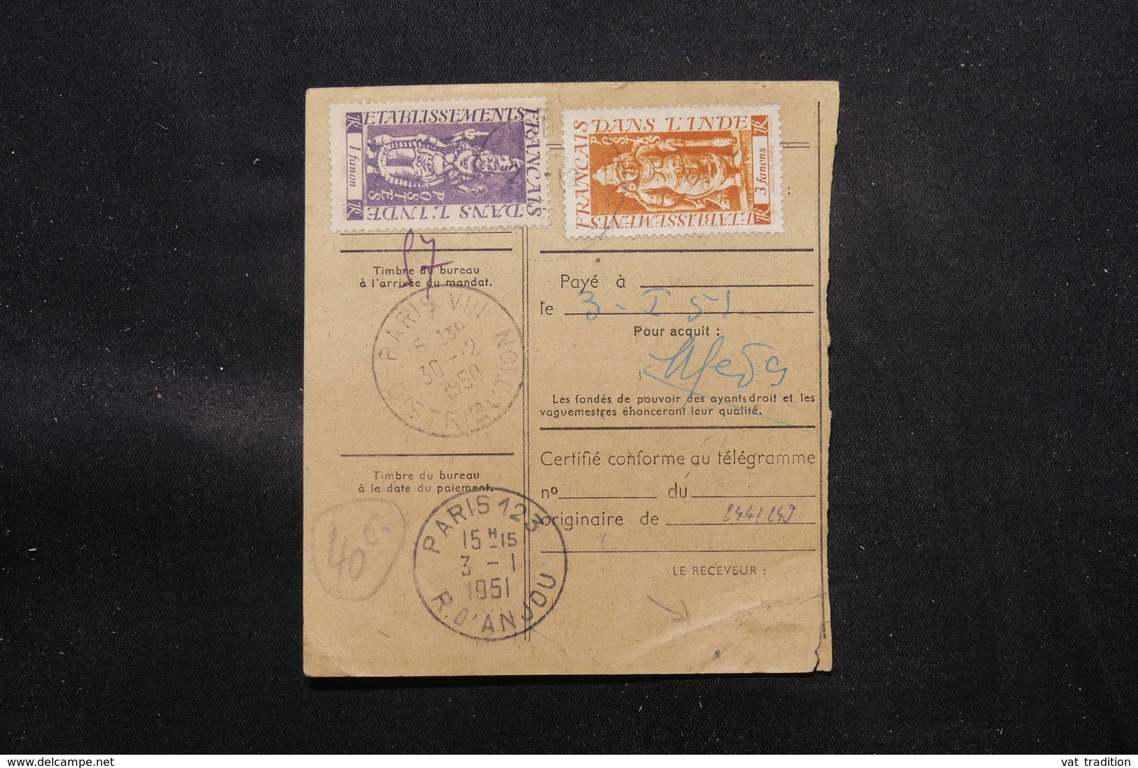 INDE - Récépissé De Mandat De Pondichery En 1950 Pour Paris, Affranchissement Plaisant - L 57304 - Briefe U. Dokumente