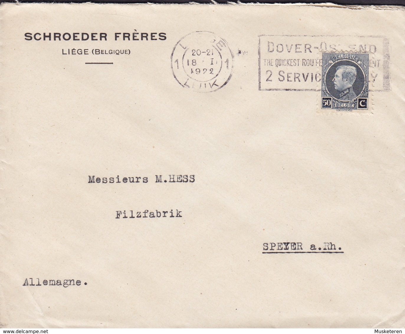 Belgium ED. SCHROEDER, LIEGE 1922 Cover Brief HESS Filzfabrik SPEYER A. Rhein Germany Albert Small Montenez - 1921-1925 Piccolo Montenez