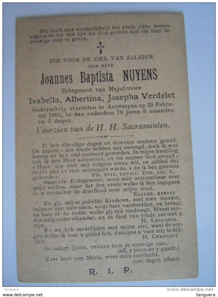 Joannes Baptista Nuyens Echtg Isabella Albertina Verdelet 1833 1904 Antwerpen Doodsprentje Image Mortuaire - Devotion Images