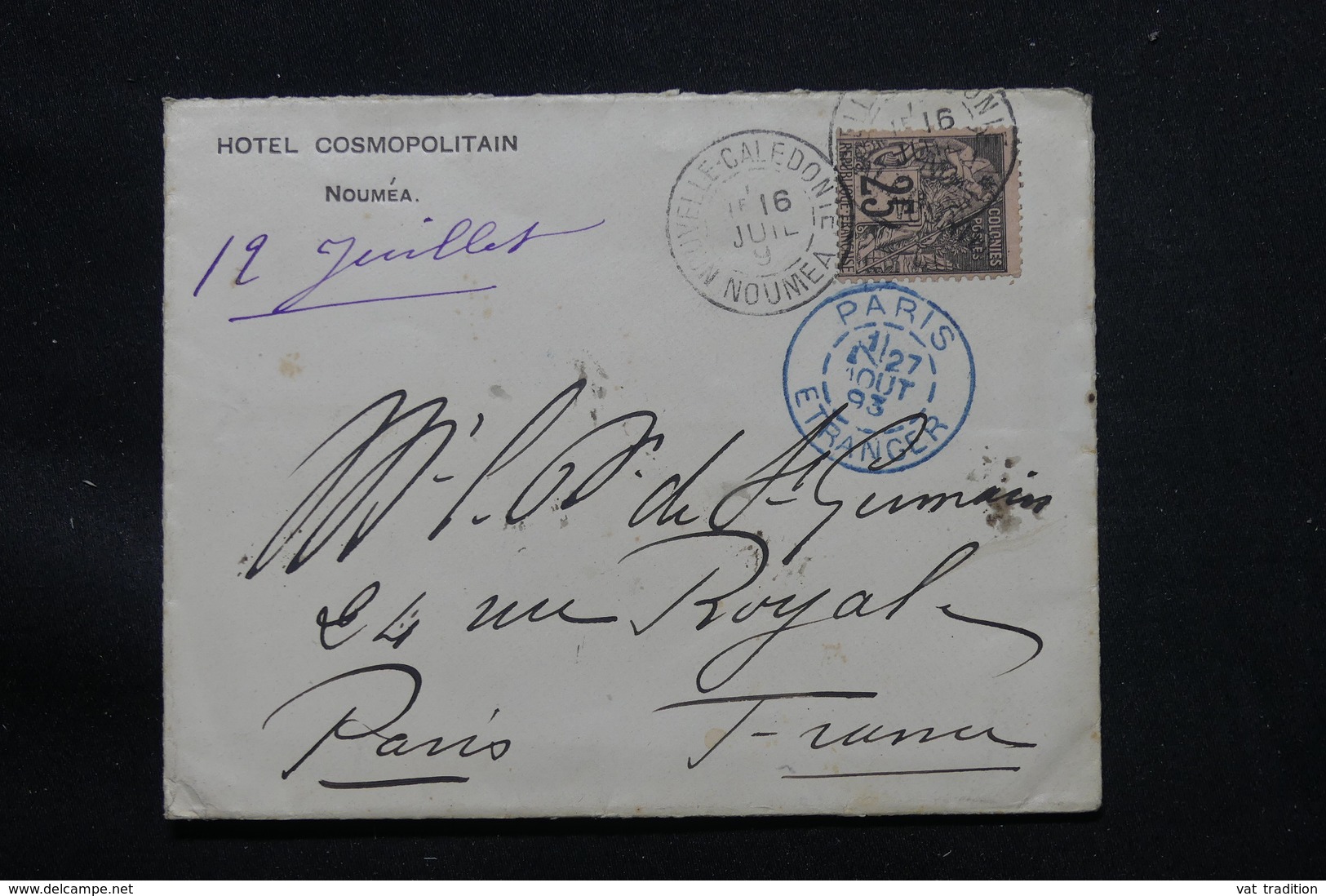 NOUVELLE CALÉDONIE - Enveloppe De L 'Hôtel Cosmopolitain De Nouméa Pour Paris En 1893, Alphée Dubois Surchargé - L 57333 - Lettres & Documents