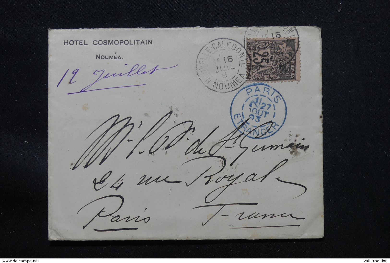 NOUVELLE CALÉDONIE - Enveloppe De L 'Hôtel Cosmopolitain De Nouméa Pour Paris En 1893, Alphée Dubois Surchargé - L 57333 - Brieven En Documenten