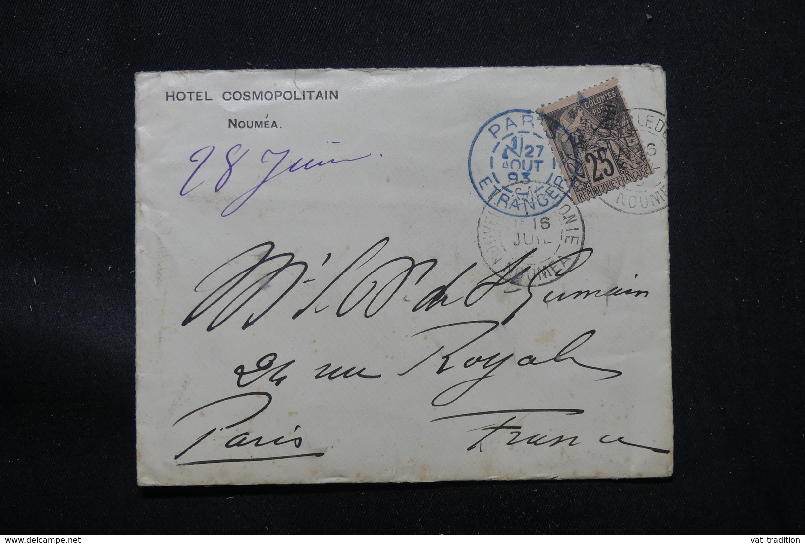 NOUVELLE CALÉDONIE - Enveloppe De L 'Hôtel Cosmopolitain De Nouméa Pour Paris En 1893, Alphée Dubois Surchargé - L 57339 - Lettres & Documents