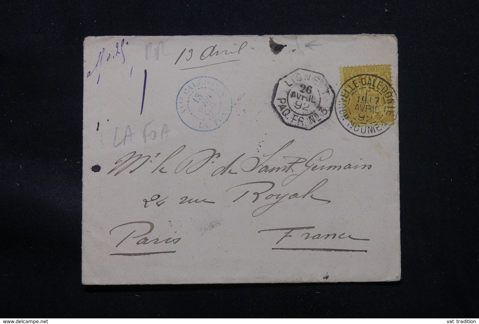 NOUVELLE CALÉDONIE - Enveloppe De La Foa ( 13 Avril ) Pour Paris En 1892, Alphée Dubois , Cachet Maritime - L 57341 - Covers & Documents