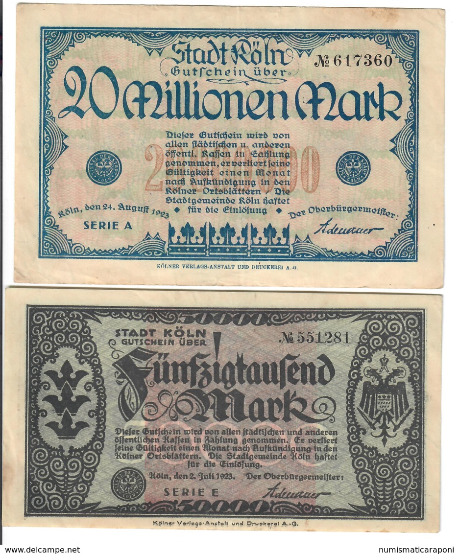 KOLN Colonia  50000 + 20 MILLIONEN MARK 1923 +  LOTTO 1937 - Collections