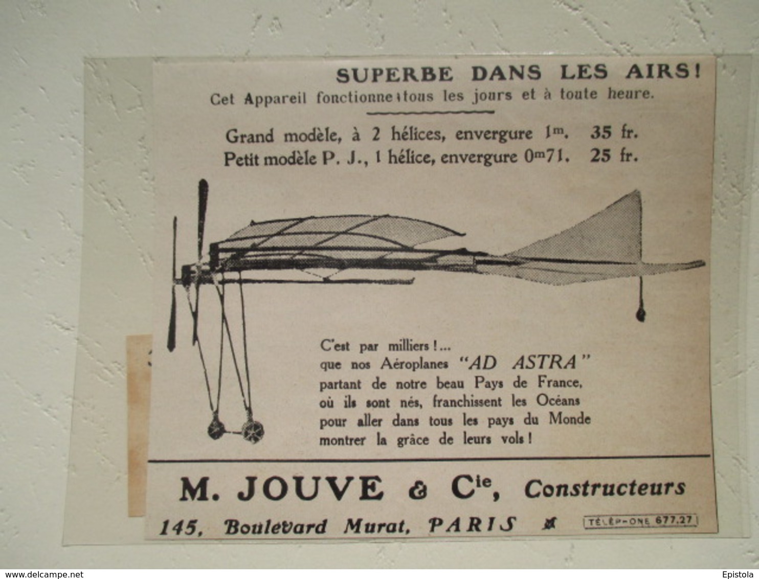 Modélisme - Avion Modèle Astra Jouve Et Cie Propulsion élastique  2 Hélices (Envergure 1 M)  - Coupure De Presse De 1912 - Airplanes & Helicopters