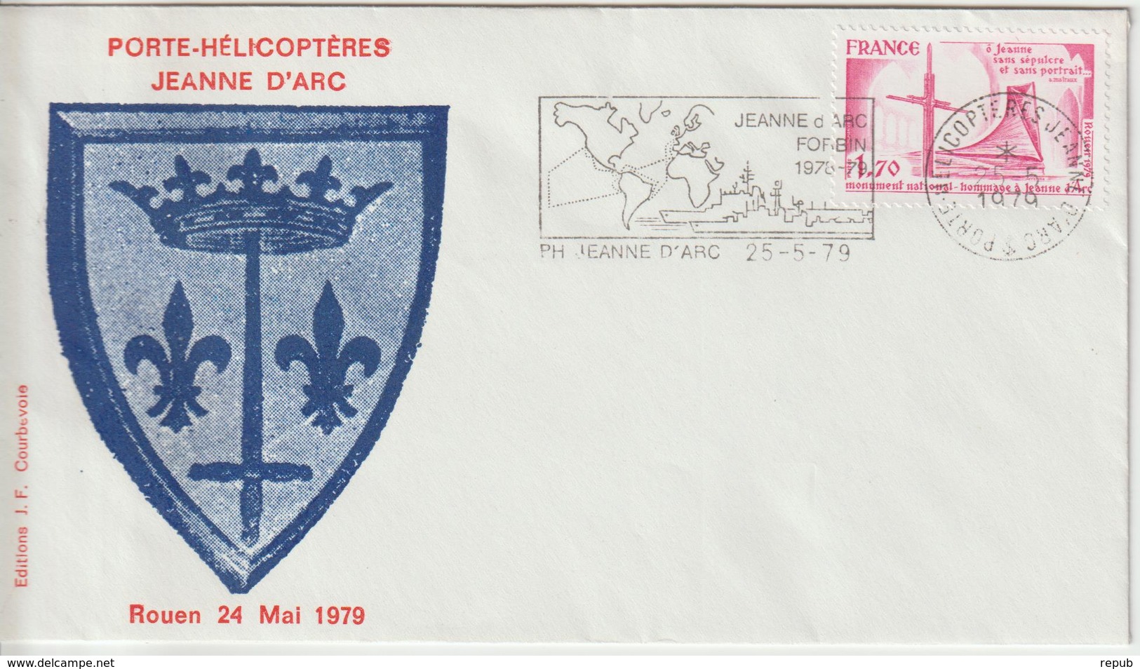France Porte Hélicoptéres Jeanne D'Arc Avec Timbre église Jeanne D'Arc Rouen 1979 - Posta Marittima