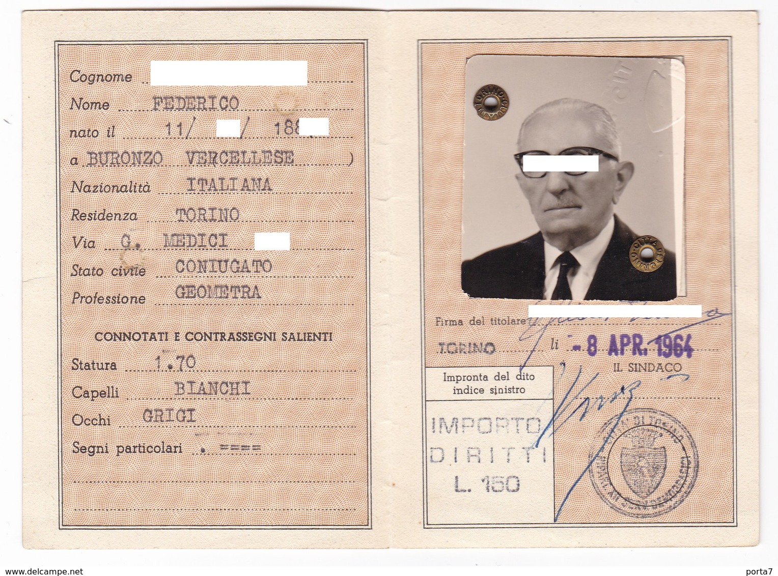 CARTA DI IDENTITA' - ORIGINALE - ANNO 1964 - Ohne Zuordnung