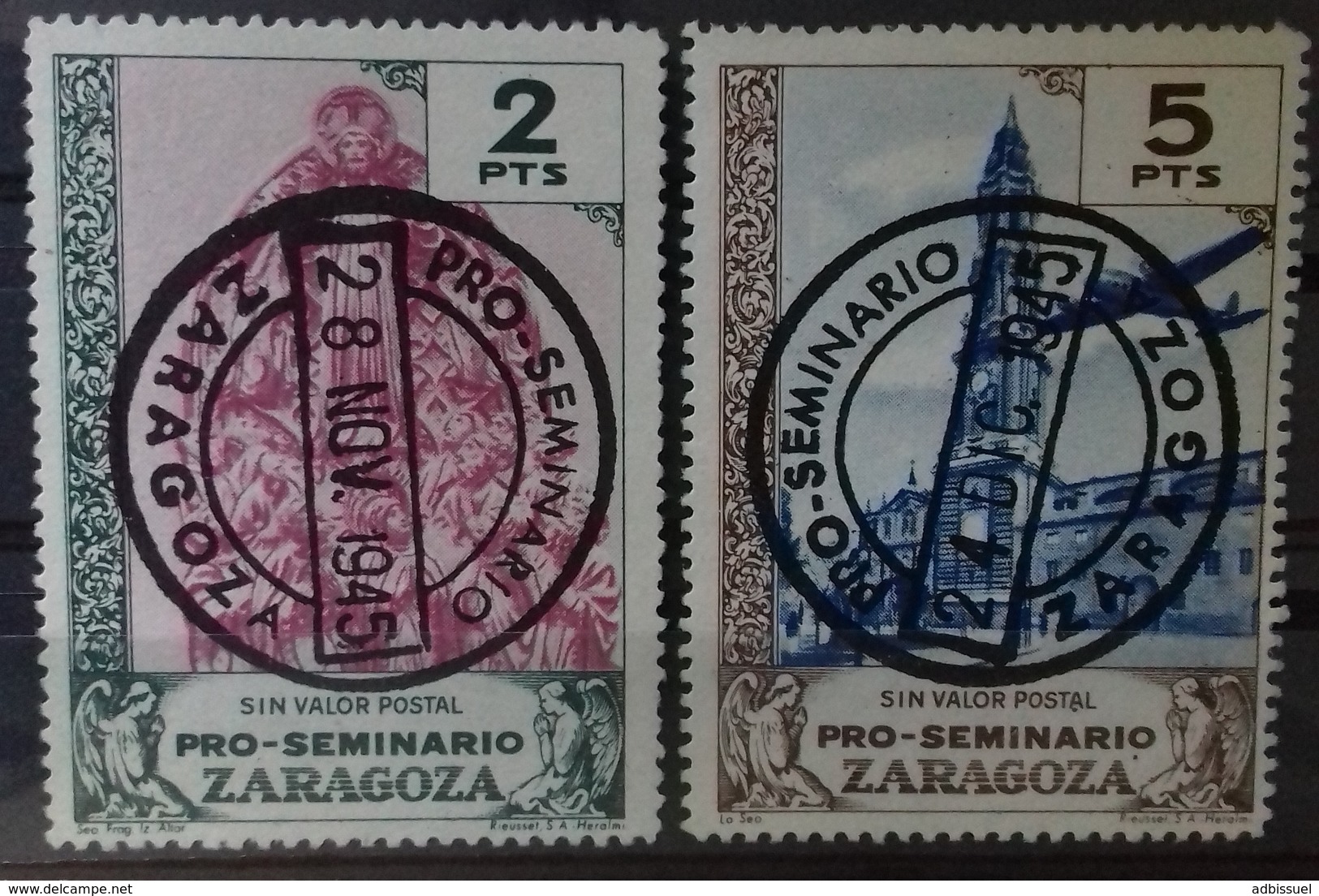 ESPAGNE 2 VIGNETTES OBLITEREES PRO-SEMINARIO ZARAGOZA 28 Nov. 1945 Et 24 Déc. 1945 - Cinderellas