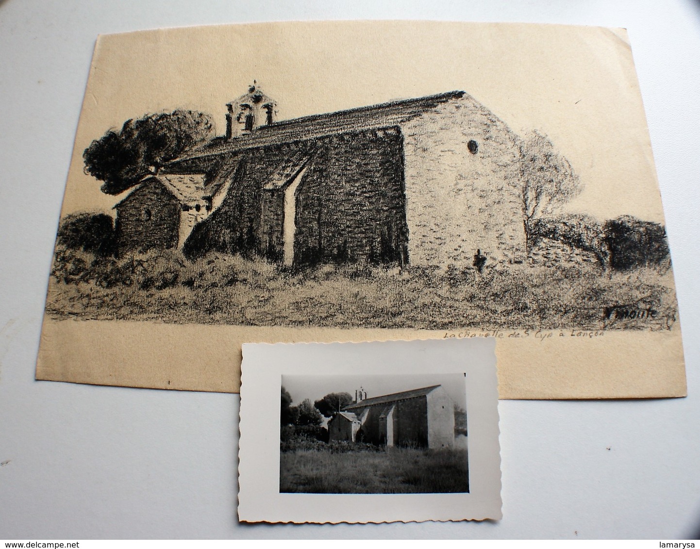 DESSIN FUSAIN(24 X 16 Cm) La CHAPELLE SAINT-CYR Prés LANÇON D'après Une Photo Originale(8.5 X 6.5 Cm)Photographie Photos - Lugares