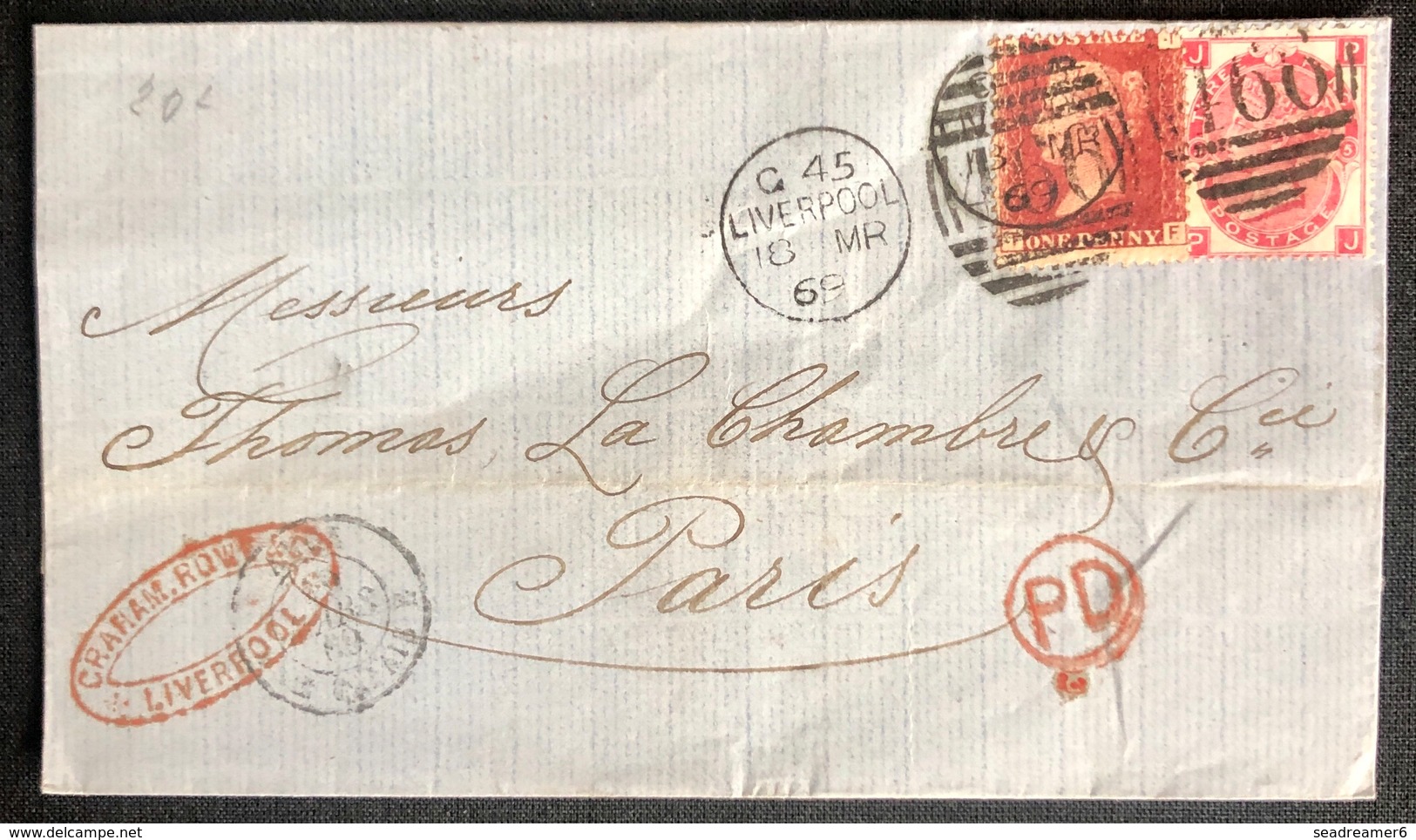 LETTRE Grande Bretagne 1869 N°26 (planche 119) & 33 (planche 5) De Liverpool Pour Paris + PD TTB - Briefe U. Dokumente