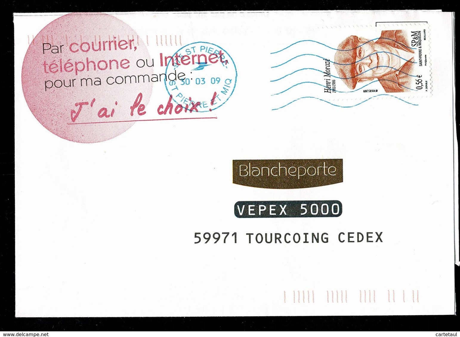 SAINT PIERRE MIQUELON Lettre Courrier Commercial Au Tarif 0,56€ Henri MORAZE Flamme Néopost 975 SAINT PIERRE 30 03 09 - Lettres & Documents