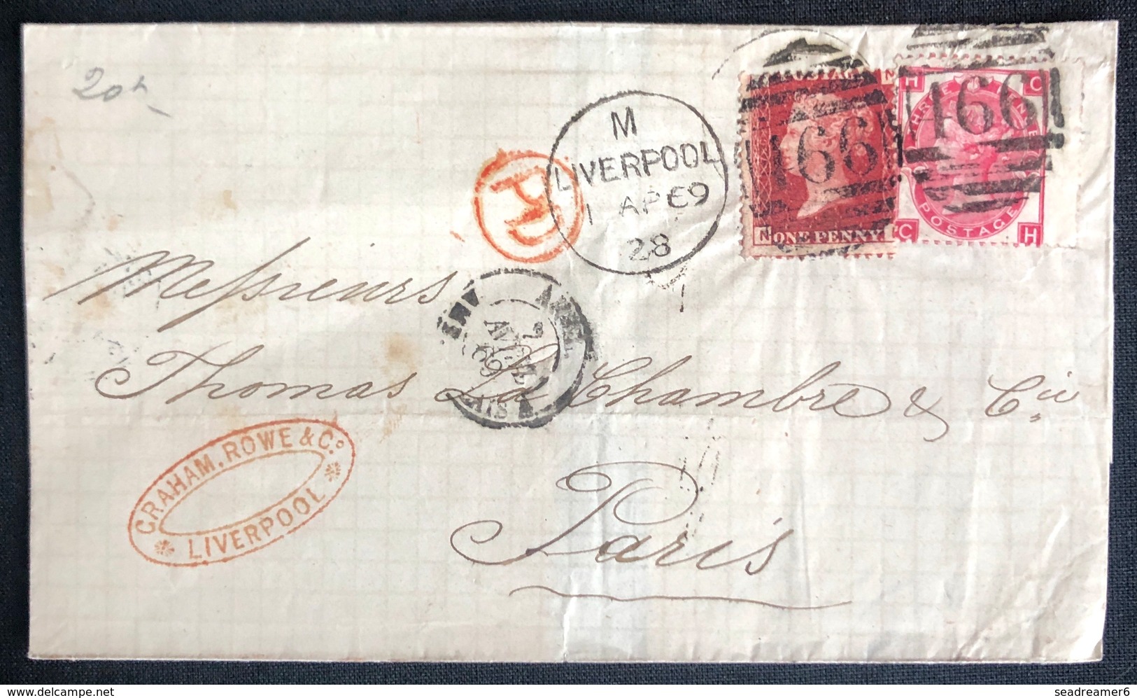 LETTRE Grande Bretagne 1869 N°26 (planche 76) & 33 (planche 5) De Liverpool Pour Paris + PD TTB - Storia Postale