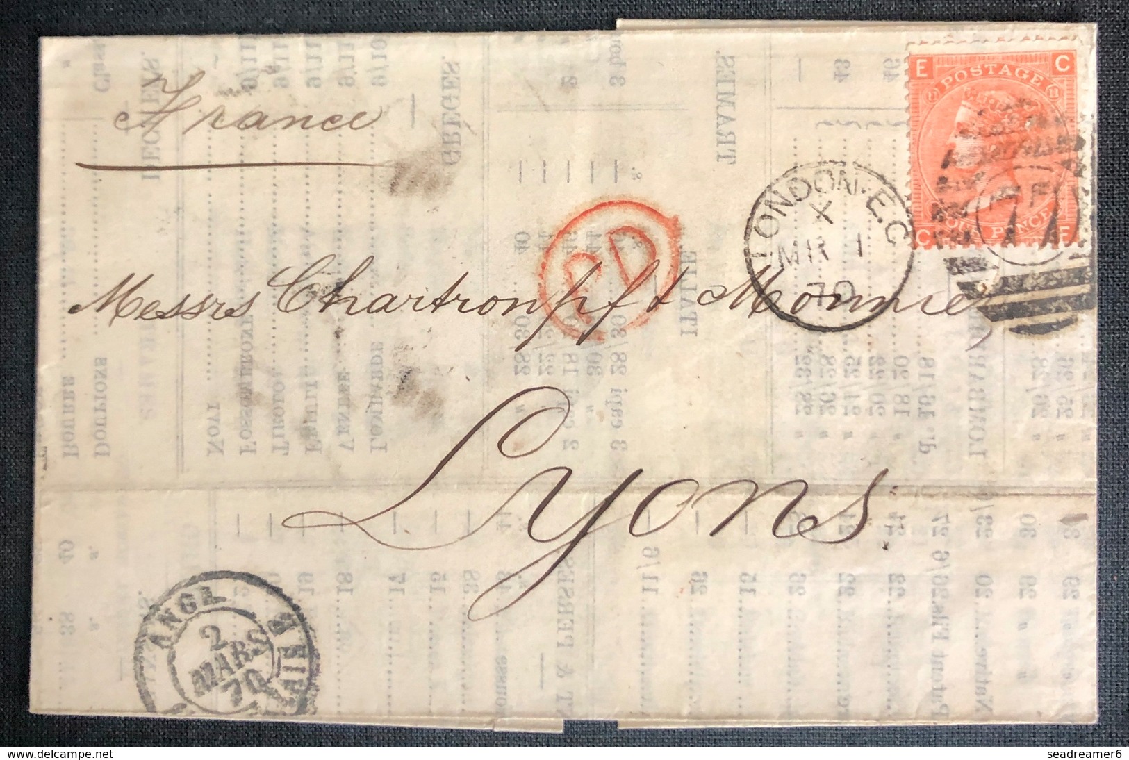 LETTRE Grande Bretagne 1870 N°32 (planche 11) De London Pour Lyon EC/CE + PD TTB - Cartas