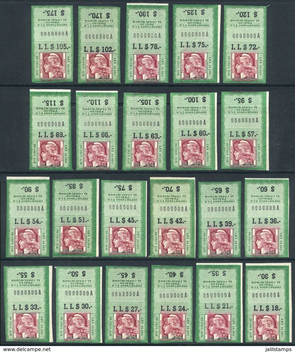 ARGENTINA: National Taxes, IMPORTED CIGARETTES, Law 14,393: Set Of 22 Stamps NUMBERED "0000000A" (SPECIMENS), Very Fine  - Altri & Non Classificati