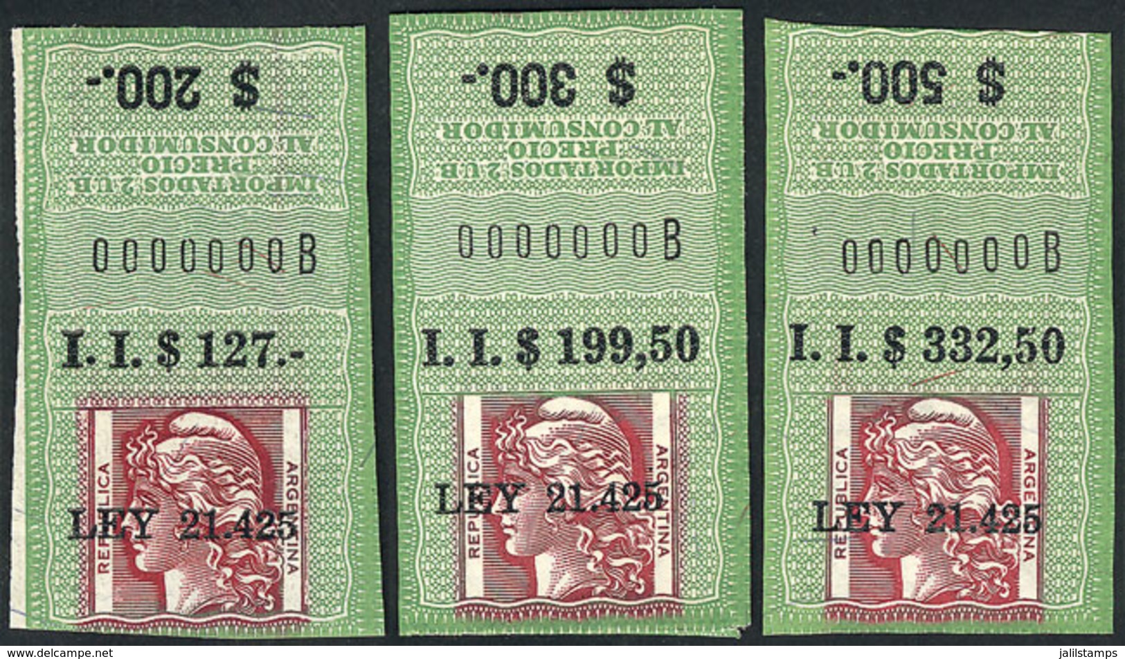 ARGENTINA: National Taxes, IMPORTED CIGARETTES, Law 21425: Complete Set Of 3 Stamps NUMBERED "0000000B" (SPECIMENS), Ver - Other & Unclassified