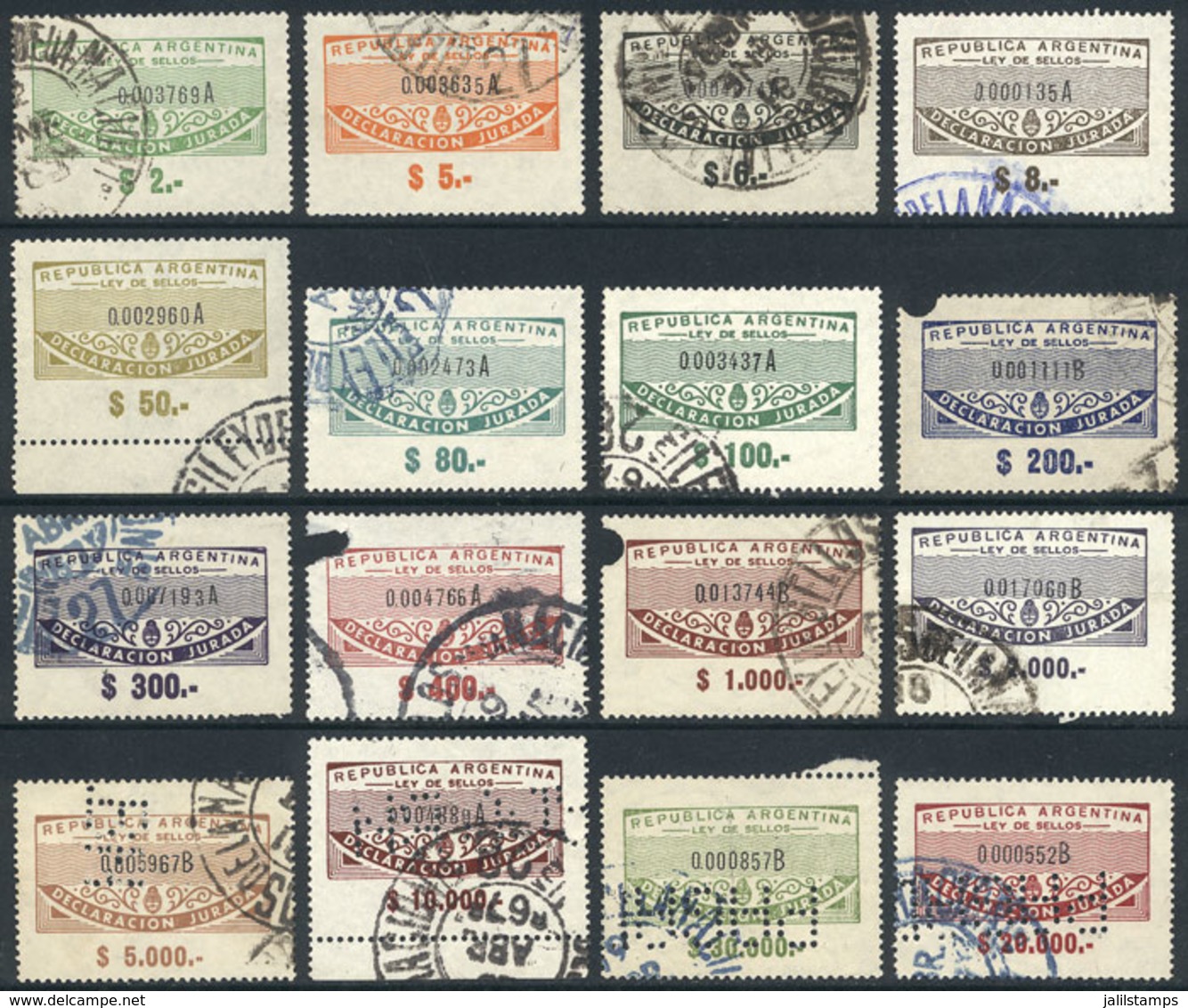 ARGENTINA: National Taxes, SWORN DECLARATOIN: Set Of 16 Used Stamps Of Values From $2 To $20,000, Very Fine Quality, Ext - Other & Unclassified
