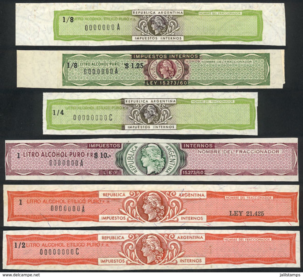ARGENTINA: National Taxes, DOMESTIC TAXES: 6 Different Stamps Numbered "0.000.000" (SPECIMENS), Excellent Quality, Extre - Autres & Non Classés
