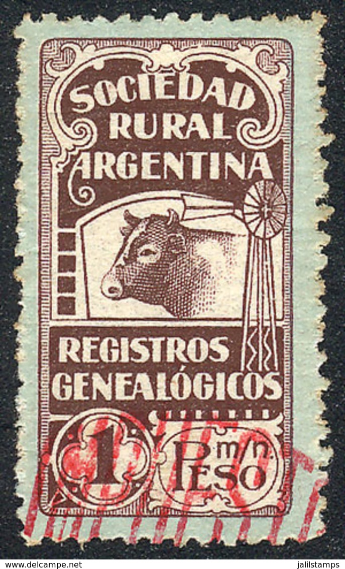 ARGENTINA: National Taxes (Privatized): SOCIEDAD RURAL ARGENTINA, Genealogical Records, 1P. (cow And Windmill), Very Fin - Autres & Non Classés