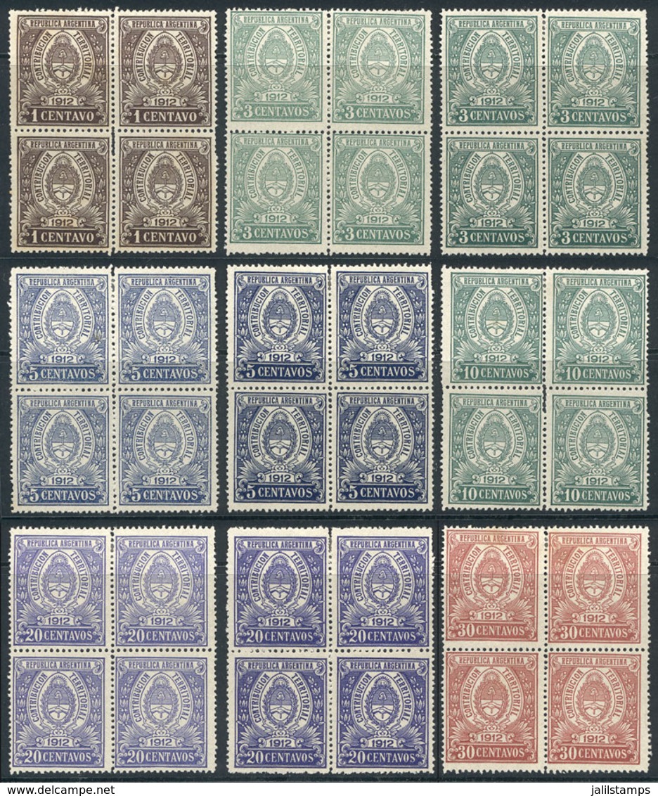 ARGENTINA: National Taxes, CONTRIBUCIÓN TERRITORIAL (Territory Tax): Year 1912, COMPLETE SET Of 28 Values In Blocks Of 4 - Other & Unclassified