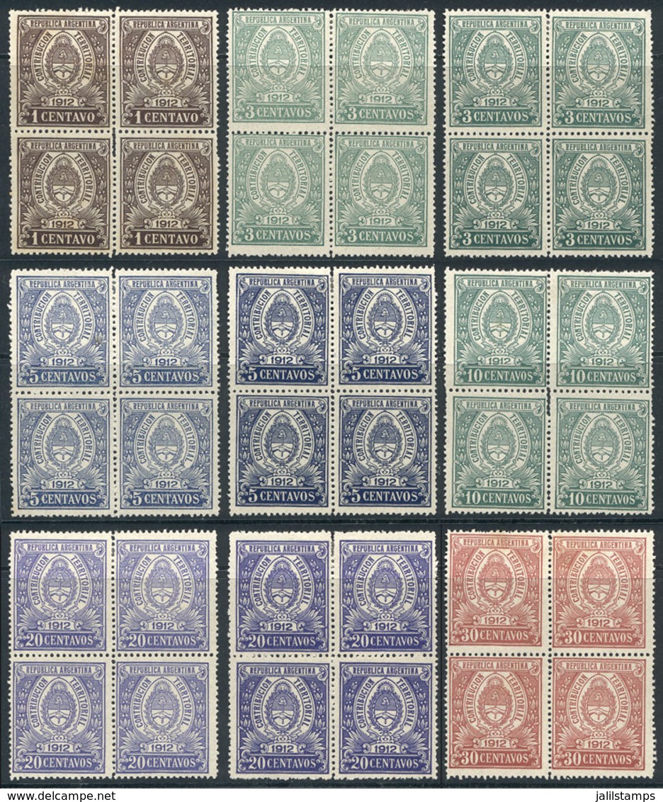 ARGENTINA: National Taxes, CONTRIBUCIÓN TERRITORIAL (Territory Tax): Year 1912, COMPLETE SET Of 28 Values In Blocks Of 4 - Autres & Non Classés