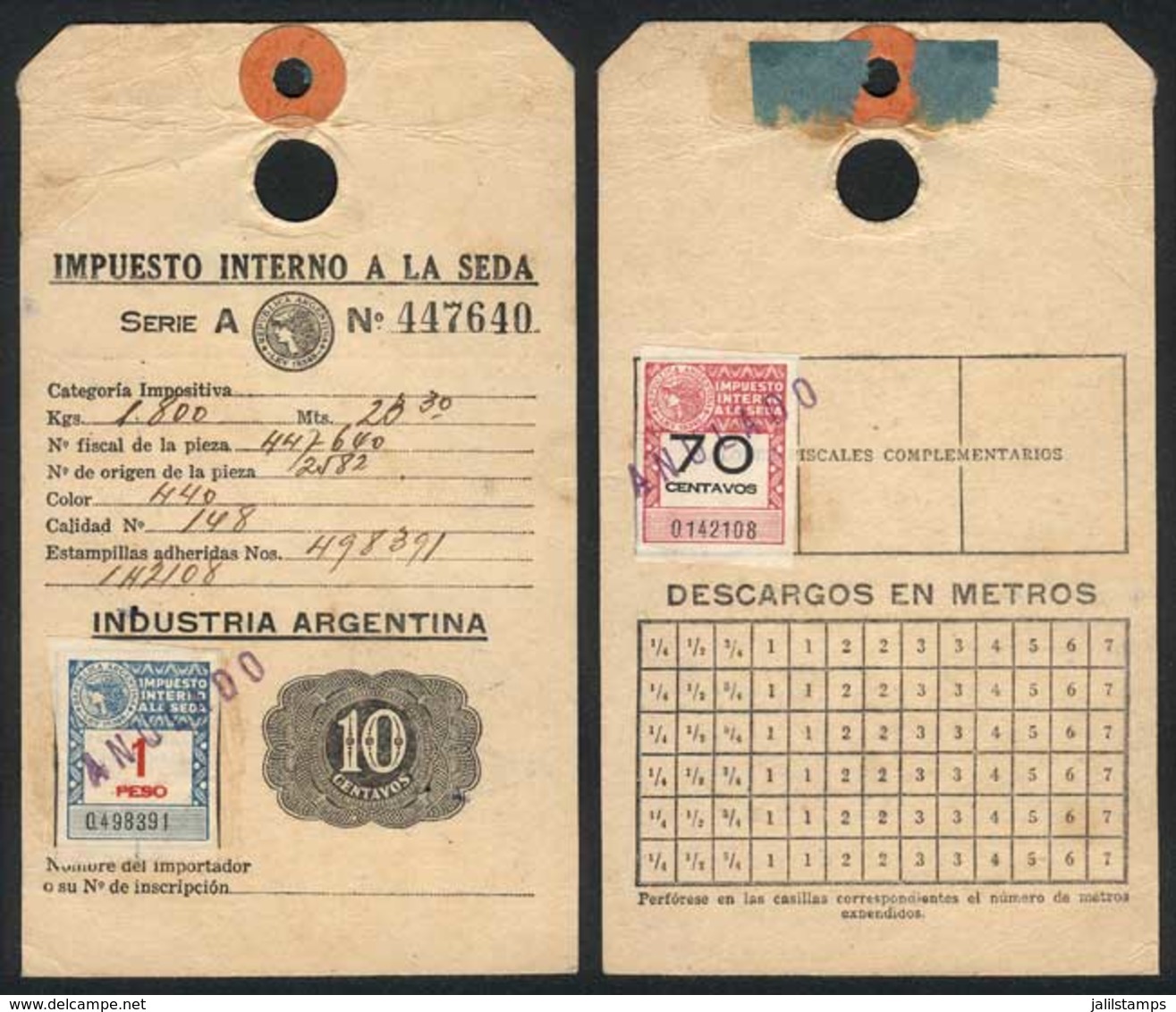 ARGENTINA: IMPUESTO INTERNO (silk): Rare Stamps Of 1P. And 70c., Used On Tag For A 1,800k-roll, Excellent Quality, Very  - Sonstige & Ohne Zuordnung