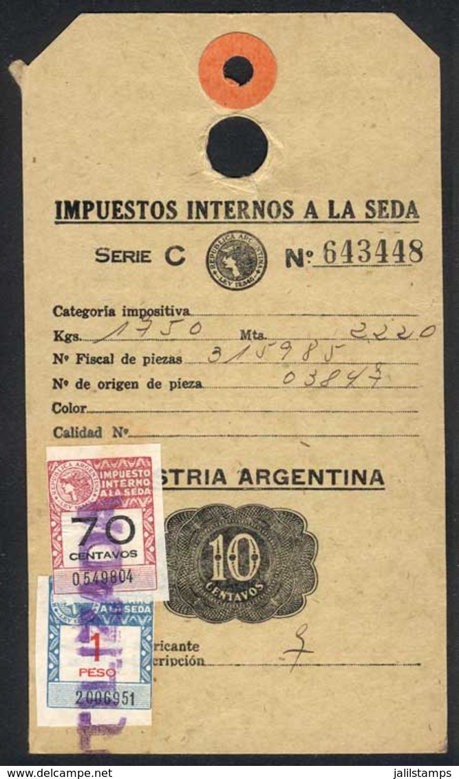 ARGENTINA: SILK Internal Tax: 10c. Card With Affixed Stamps Of 1P. And 70c., Excellent Quality, Very Rare! - Other & Unclassified