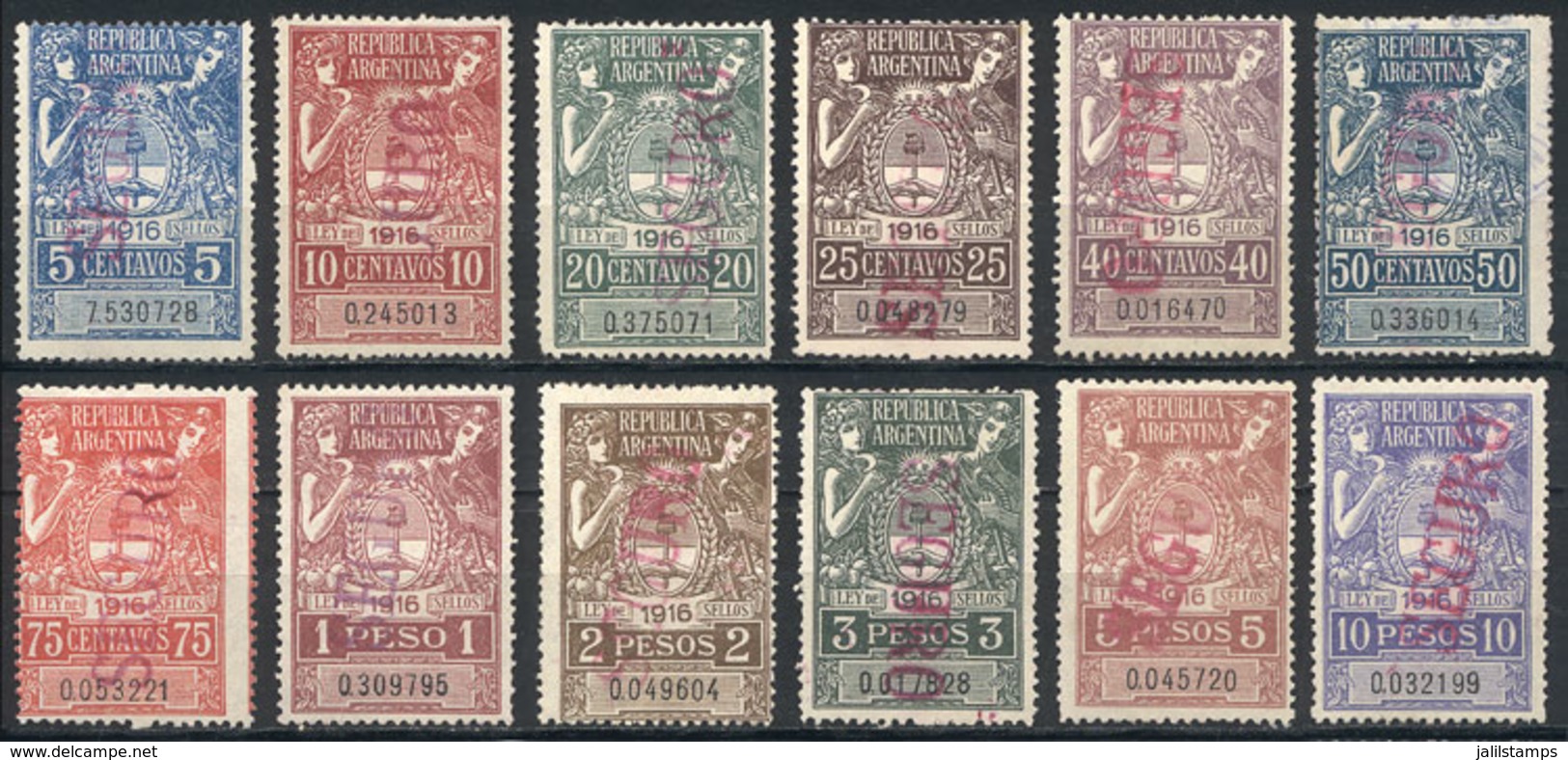 ARGENTINA: National Taxes, INSURANCE: Year 1916, The Set Of 12 Values Between 5c. And 10P., Fine To Very Fine Quality, R - Sonstige & Ohne Zuordnung