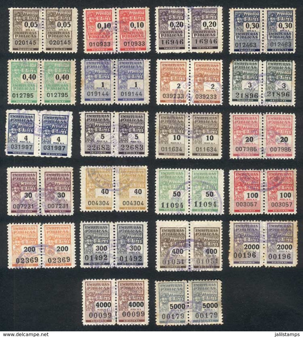 ARGENTINA: PROVINCE OF BUENOS AIRES: Public Deeds, Year 1920, 22 Revenue Stamps Between 5c. And $5000 (of The Set Of 24) - Altri & Non Classificati