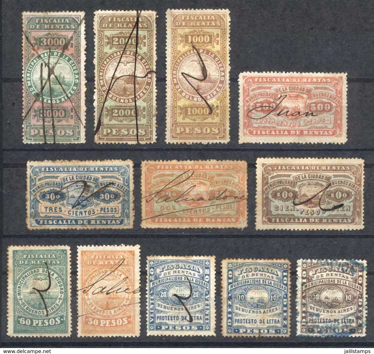 ARGENTINA: MUNICIPALITY OF BUENOS AIRES: Year 1879, Complete Set Of 12 Used Values, Fine To VF General Quality, Extremel - Other & Unclassified