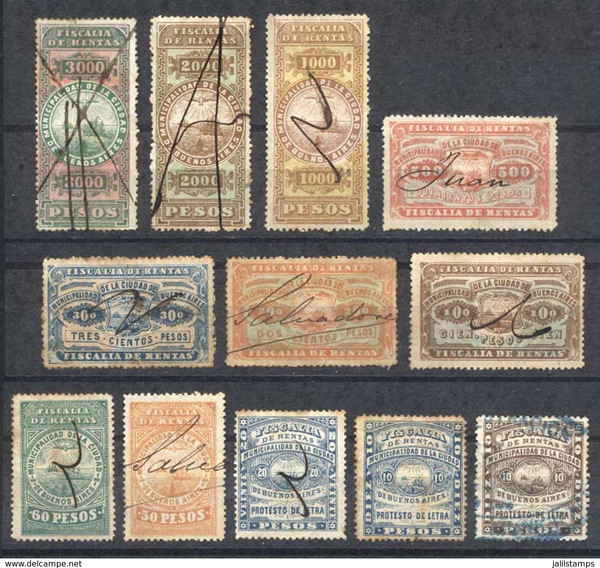 ARGENTINA: MUNICIPALITY OF BUENOS AIRES: Year 1879, Complete Set Of 12 Used Values, Fine To VF General Quality, Extremel - Sonstige & Ohne Zuordnung