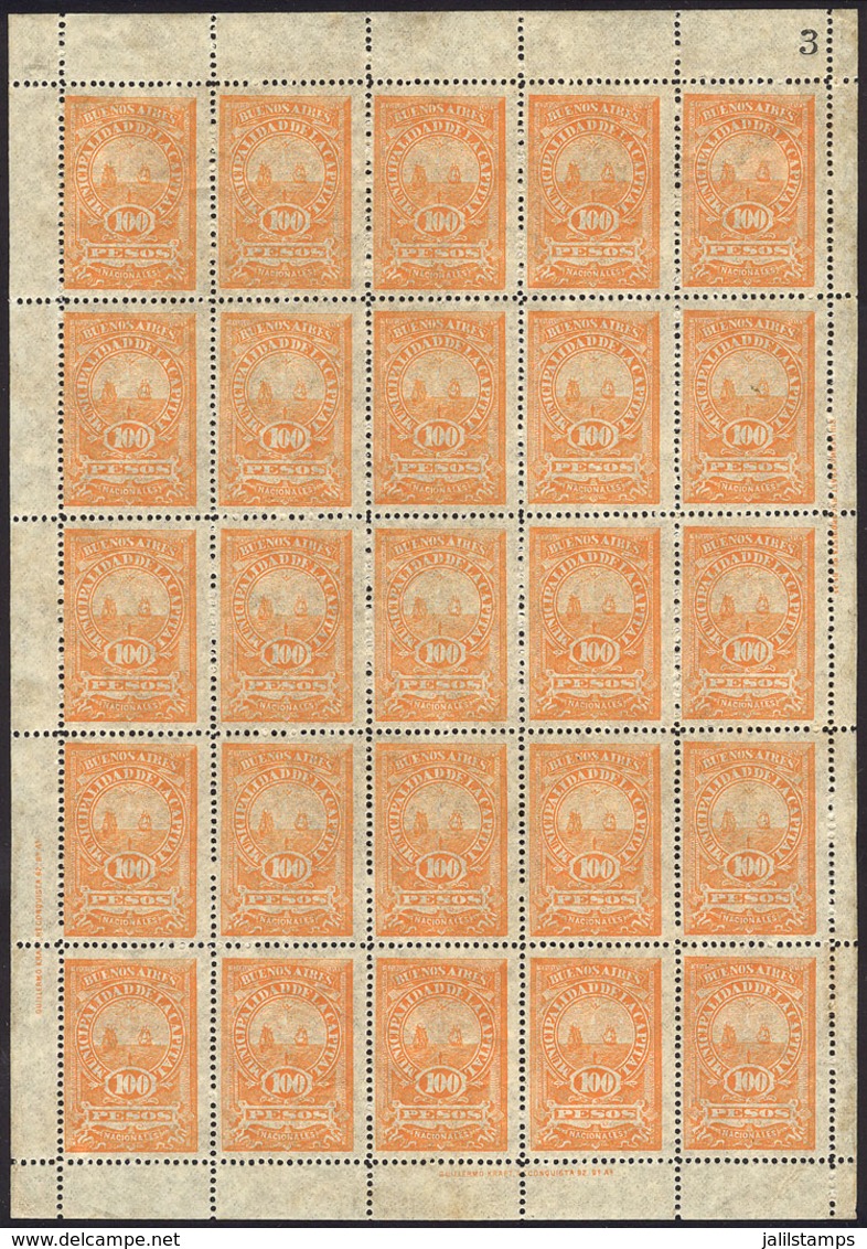 ARGENTINA: BUENOS AIRES: Year 1884, 100P. Orange (bird, Ships, Sailing Boats), Fantastic Complete Sheet Of 25 Examples,  - Other & Unclassified